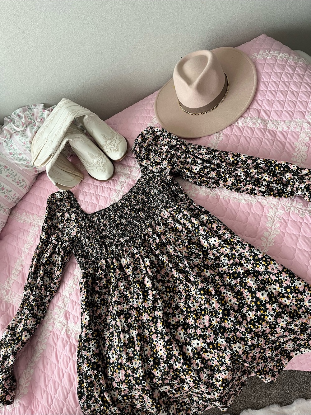 wild fable Black Floral Long-Sleeve Smocked Dress with Pink Accents